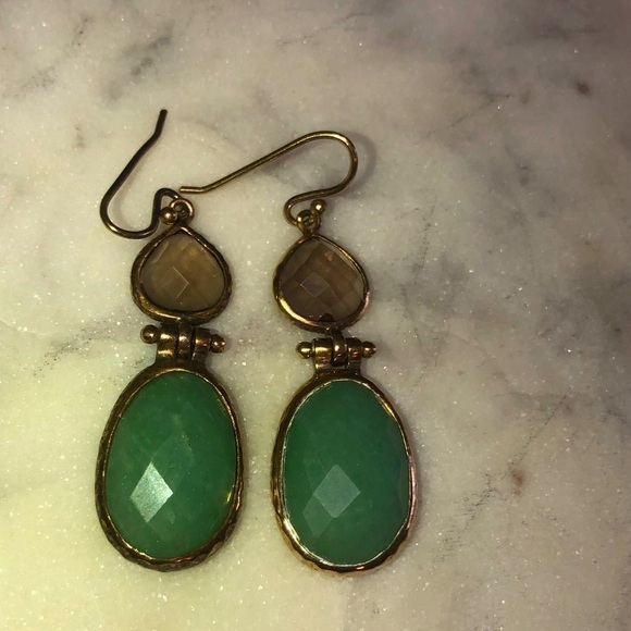 SMOKEY Topaz & Chalcedony Gold Vermeil Facet Cut Shepherds Hook Earrings 2” - Picture 2 of 5